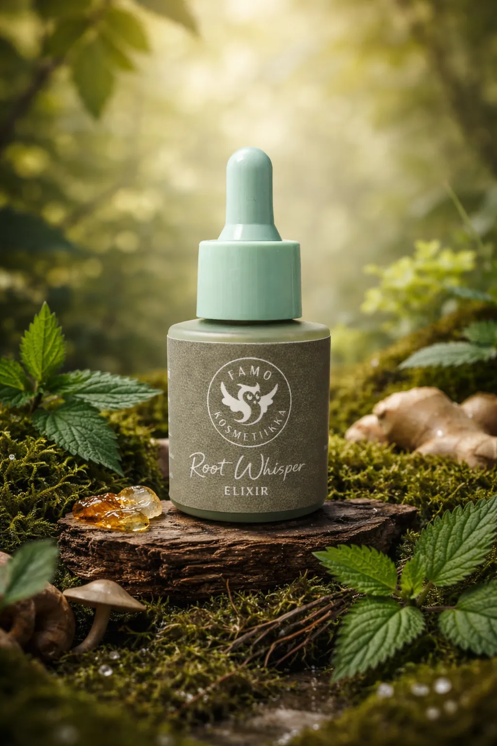 Juuri-kuiskaaja eliksiiri -pullon lähellä sammalta, inkivääriä ja sieniä luonnollisessa ympäristössä.